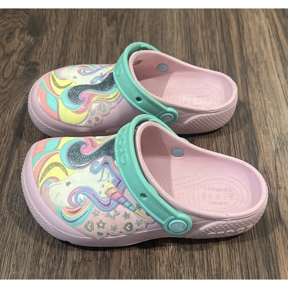 Crocs Fun Lab Unicorn Girls Clogs Boat Shoes Pink Slip On Glitter Shoes Size J 2